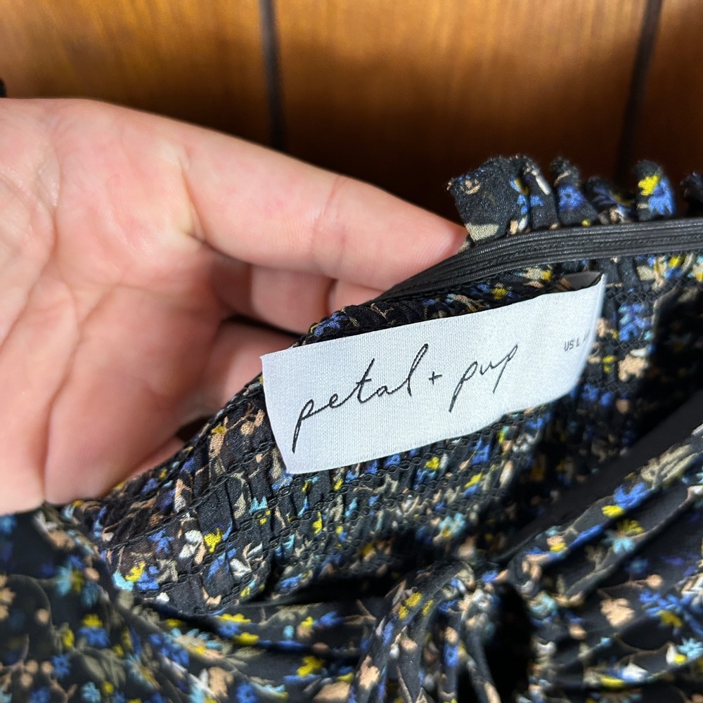 Petal + Pup Floral Maxi Dress Blue Yellow Ruched Tie Front Long Sleeve Size Boho - Picture 6 of 9